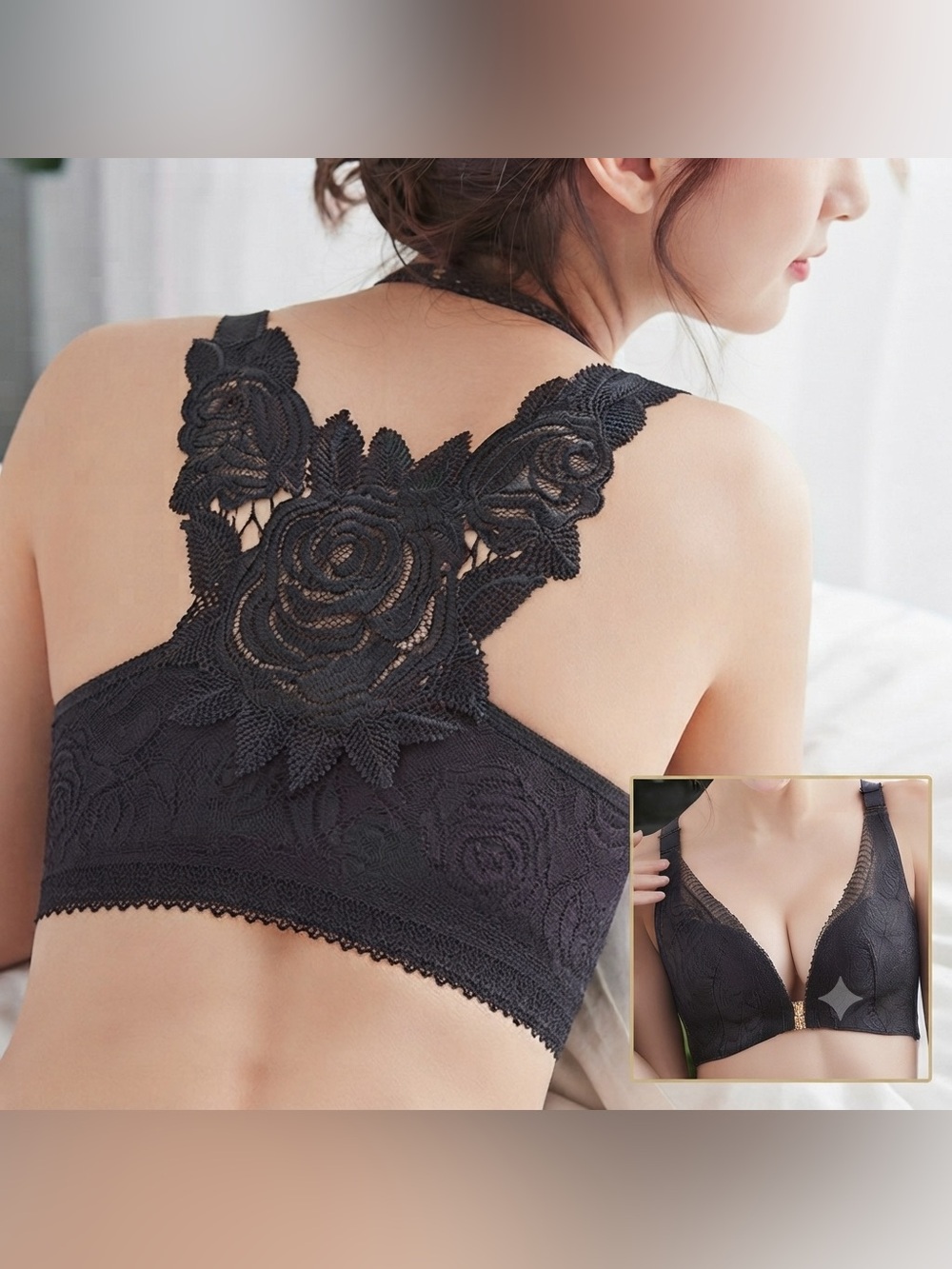Floral Secrets Comfort Rose Push Up Front Close Bra Black Size XXXL Racerback
